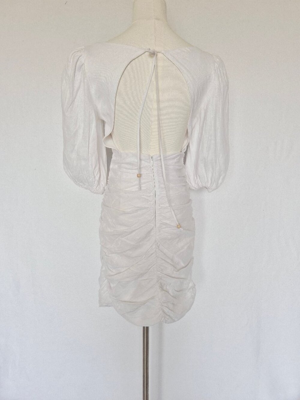 Showpo. 100% Linen Puff Sleeves Ruched Sexy Open Back Mini Dress White - Picture 5 of 16
